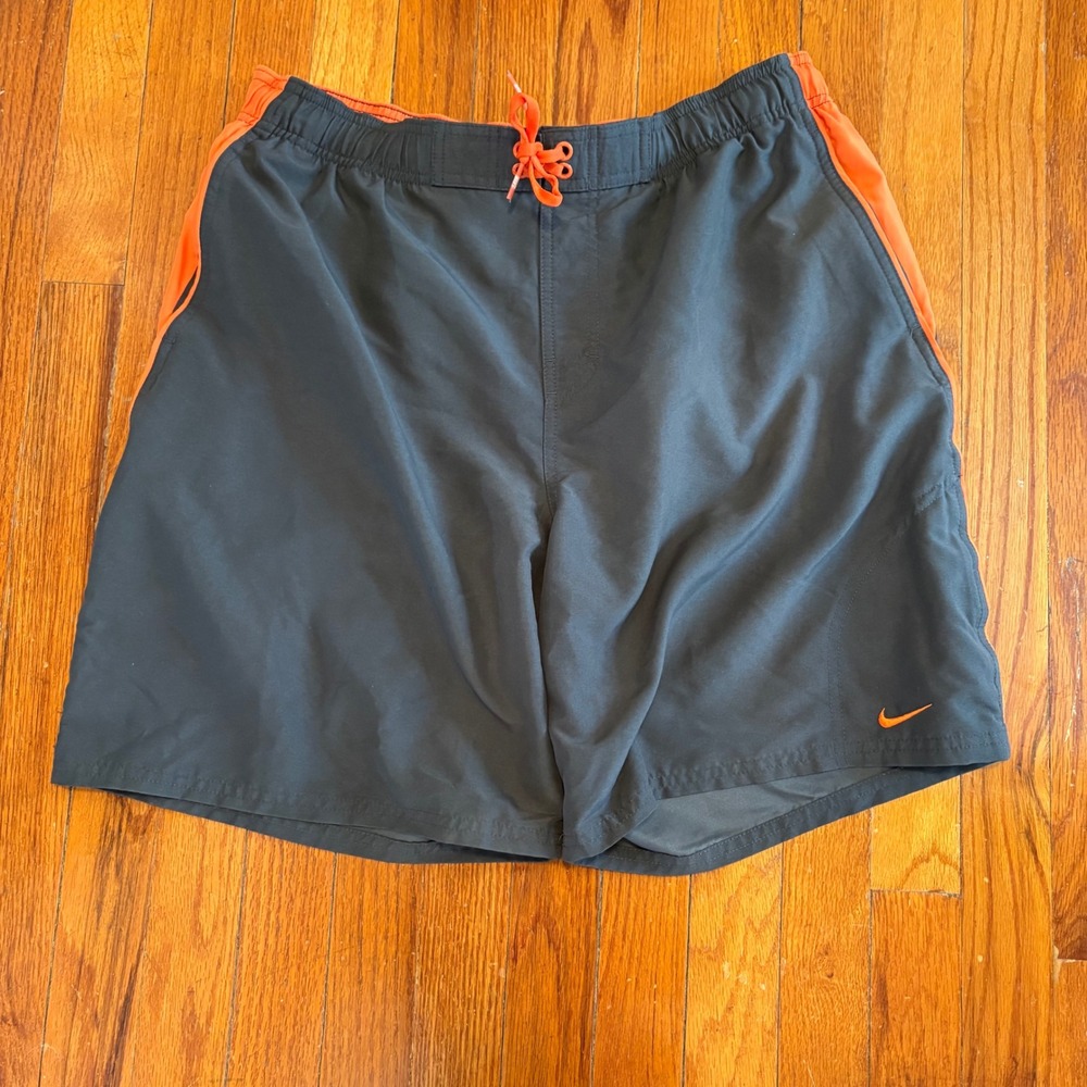 Nike Mens Large Swim Trunks Dark Gray Orange Mesh Lined Pockets Board Shorts